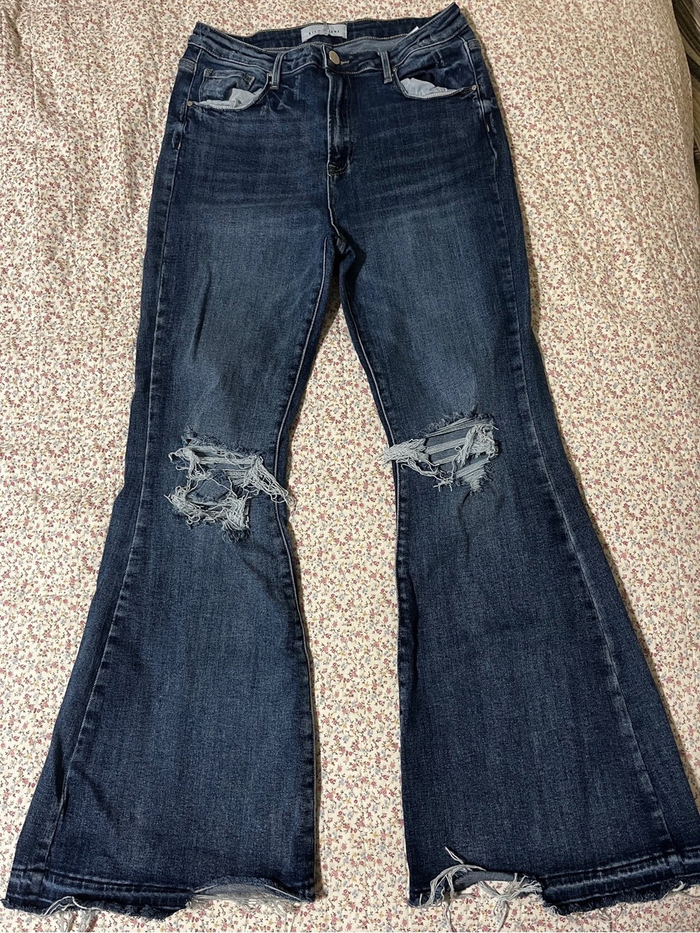 Risen Jeans Dark Blue Distressed Flare Jeans - Women 13/31
